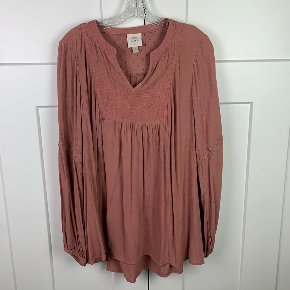 Knox Rose L Boho Blouse Pink Embroidered Johnny Tunic Western Hippie Festival